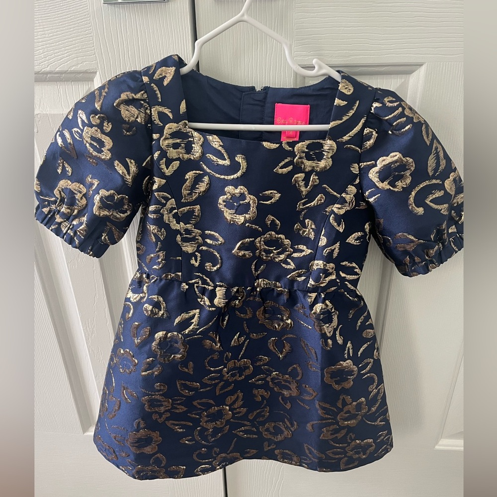 Lilly Pulitzer Navy and Gold Floral Kids Dress